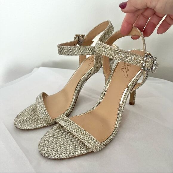 Jewel Badgely Mischka Arlina Glitter Open Toe Ankle Strap Sandal Heels Gold 8 - Picture 2 of 10